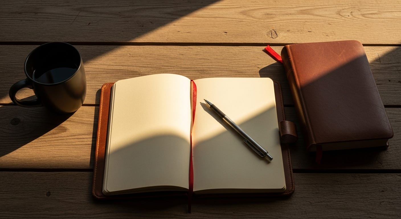 A hand writing in a worn leather journal beside a closed Bible and a coffee mug in soft morning light, the practice of recording what God has said so it can be remembered later