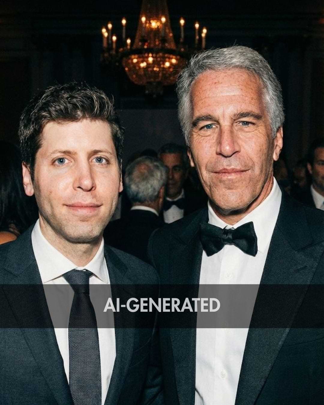 A photorealistic AI-generated photo of two men posing together at a black-tie gala with a chandelier in the background, created with Google’s Nano Banana Pro and labeled “AI-GENERATED.”