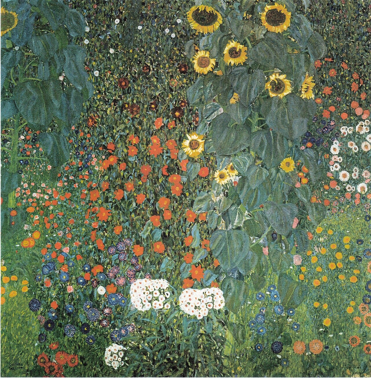 A dense square wall of flowers and sunflowers edge to edge A dense square wall of flowers and sunflowers edge to edge