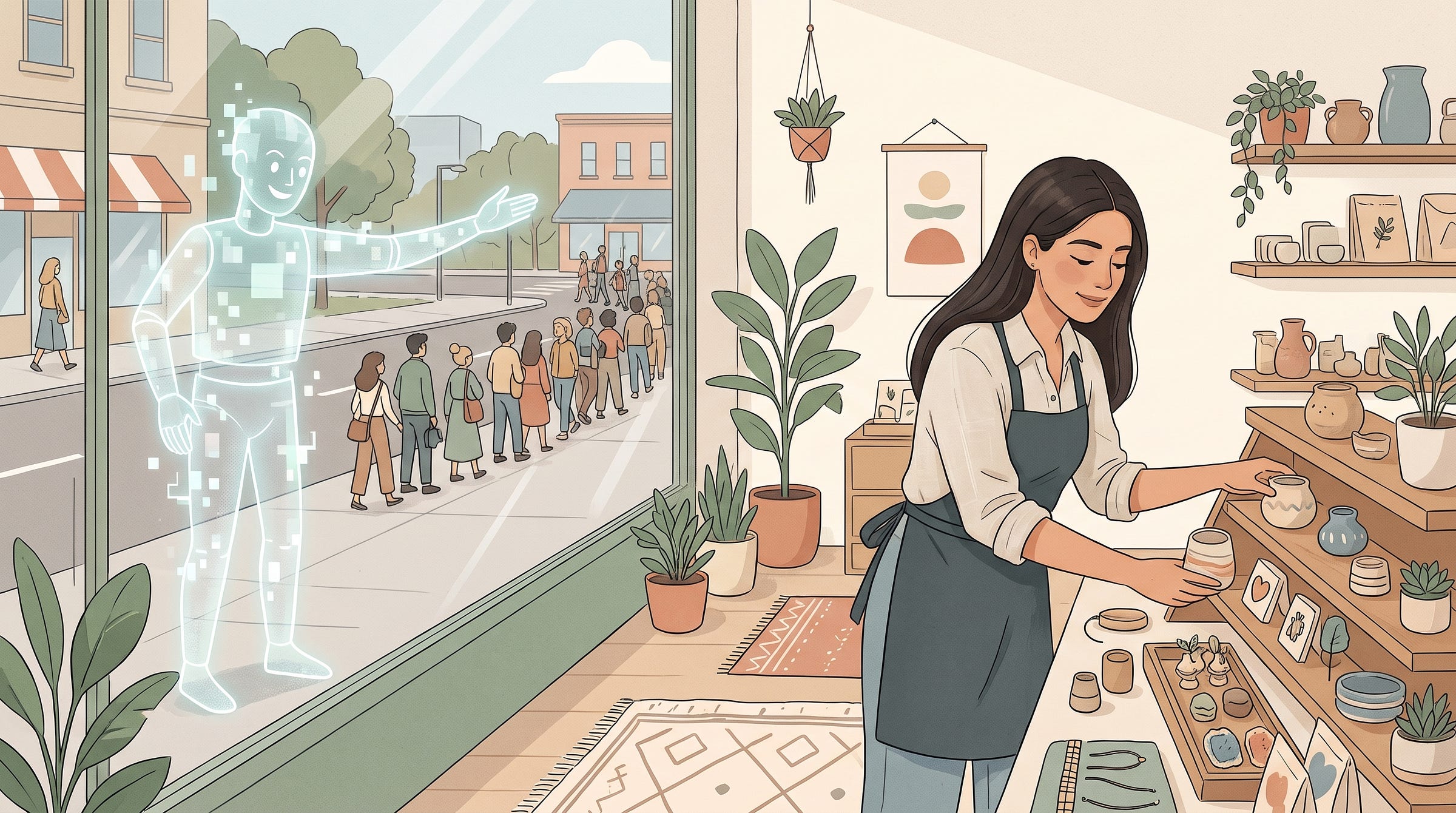 Editorial illustration of a woman arranging products in her shop, unaware of a translucent AI figure outside directing potential customers away. Editorial illustration of a woman arranging products in her shop, unaware of a translucent AI figure outside directing potential customers away.