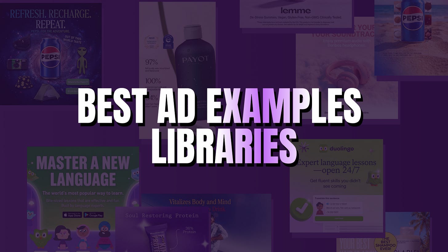 Illustration of an ad library being browsed and an ad being rebuilt with a new product — the browse-and-build loop.