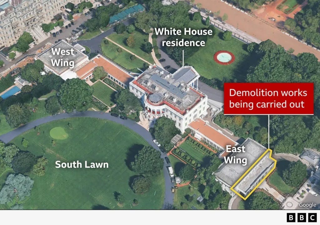 BBC labels on a Google Earth aerial image of the White House complex, showing the driveway and facade of the East Wing outlined in yellow with the label, 'Demolition works being carried out.' The article noted that the label was speculative, saying 'The covered entryway, which spans much of the East Wing's south side, appeared as though it was being gutted, with concrete debris and metal cables clearly visible from several hundred metres away.' BBC labels on a Google Earth aerial image of the White House complex, showing the driveway and facade of the East Wing outlined in yellow with the label, 'Demolition works being carried out.' The article noted that the label was speculative, saying 'The covered entryway, which spans much of the East Wing's south side, appeared as though it was being gutted, with concrete debris and metal cables clearly visible from several hundred metres away.'