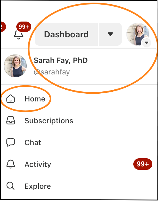 Your Substack avatar and how to find the Substack Notes homepage