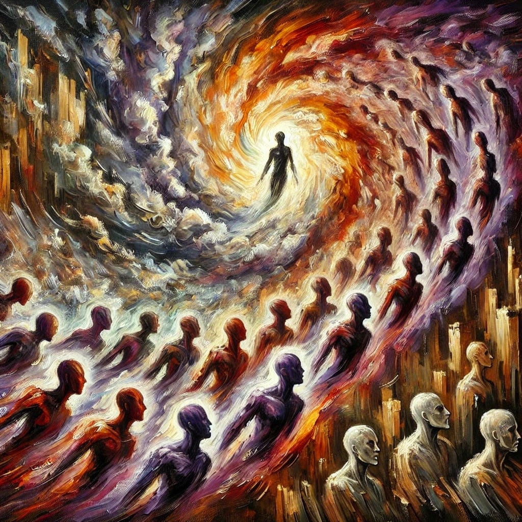 An abstract oil painting with thick brush strokes depicting the transformation of individuals into a collective mind. The scene is surreal, showing fragmented human figures dissolving into a swirling mass of energy and color, symbolizing the loss of individuality. The colors are bold and dramatic, with deep reds, golds, and dark purples creating a contrast between individuality and the overwhelming force of the crowd. The brushstrokes are expressive and textured, adding a sense of movement and psychological tension. The composition evokes a sense of hypnotic unity and the power of the unconscious mind. An abstract oil painting with thick brush strokes depicting the transformation of individuals into a collective mind. The scene is surreal, showing fragmented human figures dissolving into a swirling mass of energy and color, symbolizing the loss of individuality. The colors are bold and dramatic, with deep reds, golds, and dark purples creating a contrast between individuality and the overwhelming force of the crowd. The brushstrokes are expressive and textured, adding a sense of movement and psychological tension. The composition evokes a sense of hypnotic unity and the power of the unconscious mind.