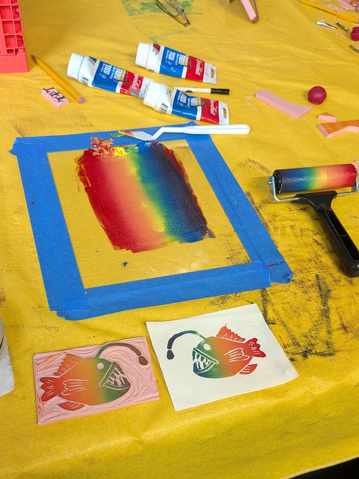 photos from upcoming classes, block printing and chore coat