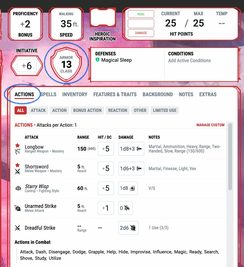 A screenshot of the Armor Class and Actions locations in DnDBeyond