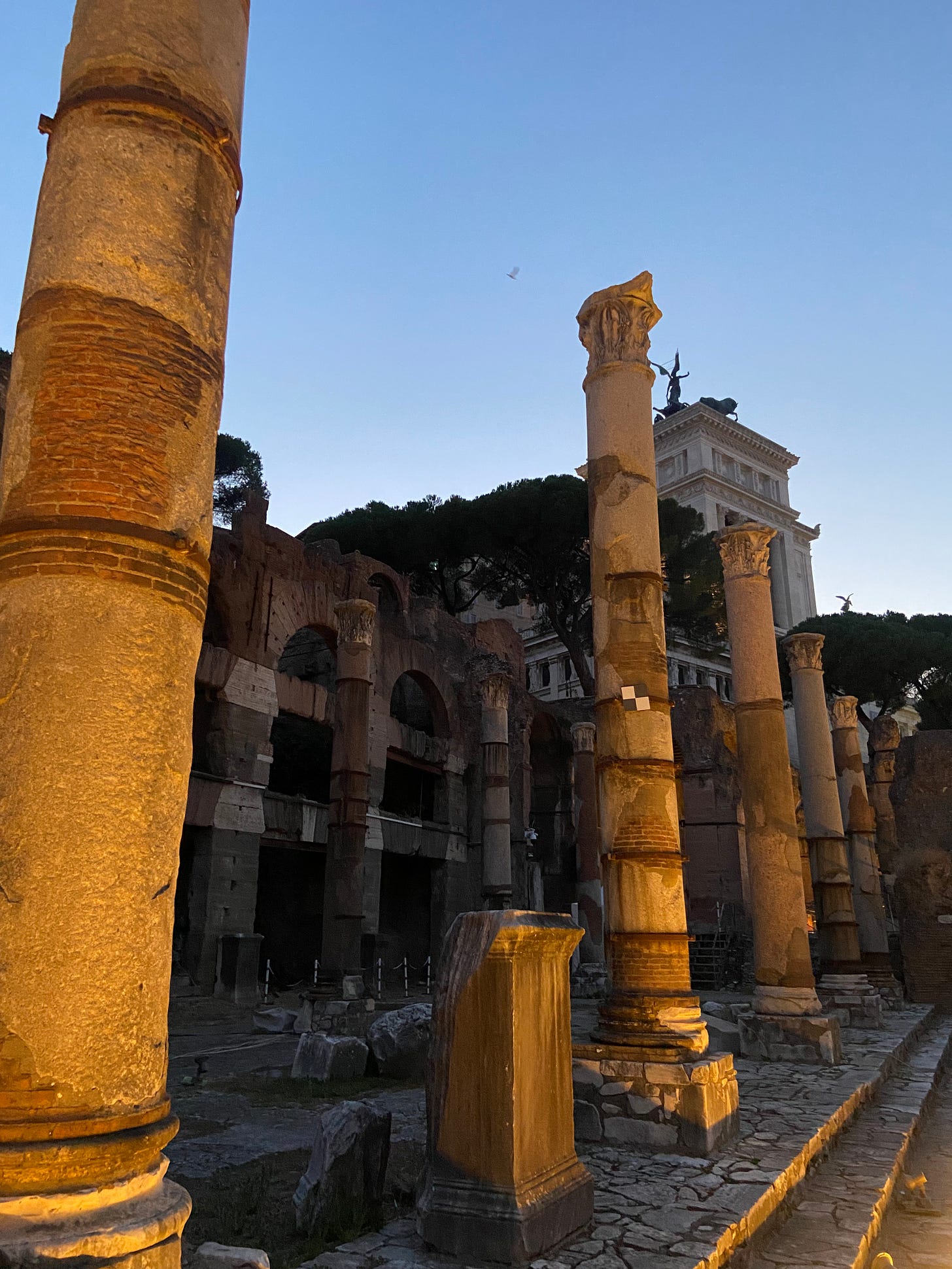 The middle of the Imperial Fora at dusk, looking up toward the back of the Vittoriano monument that sits on the edge of Piazza Venezia.