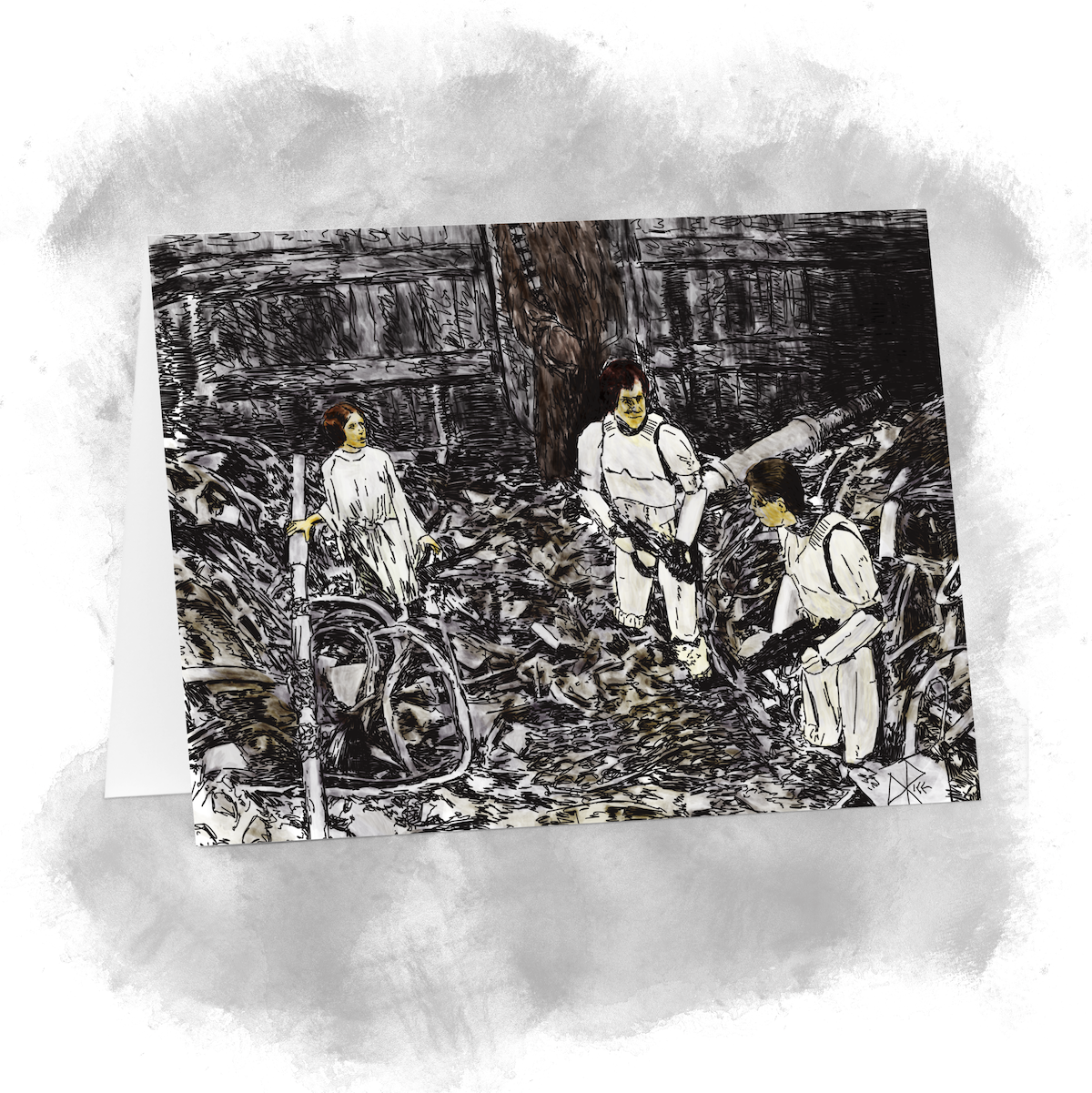 Leia, Chewie, Han and Luke stand in the garbage compactor, after the Dianoga’s hasty departure as it recognized the early reverberations of the engines beginning to drive the walls in to crush the contents. Sketch art by Don Rice.