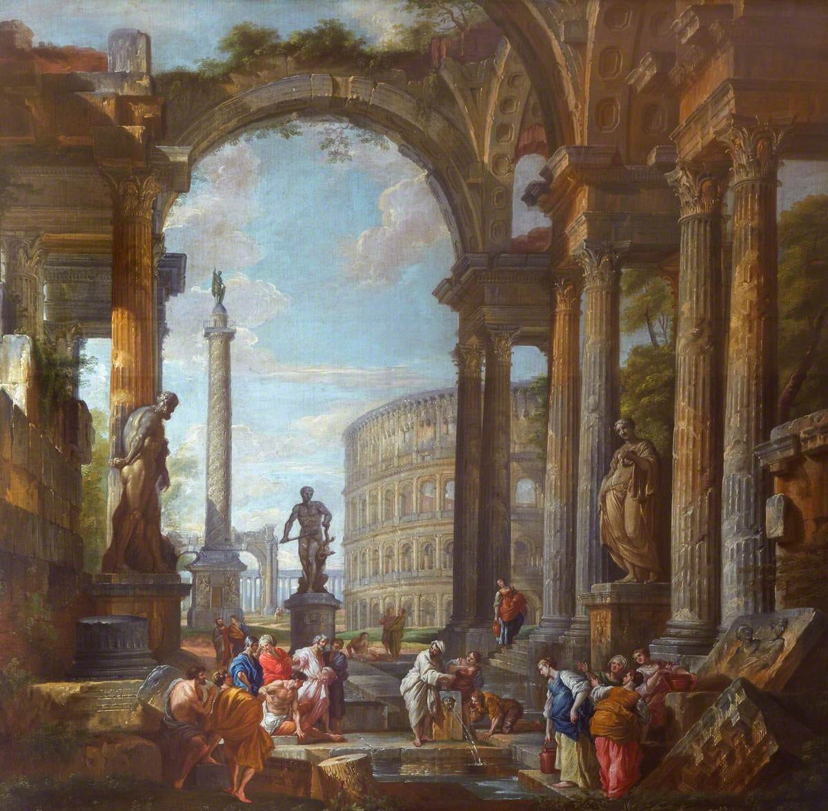 Broken columns and arches with small figures resting Broken columns and arches with small figures resting