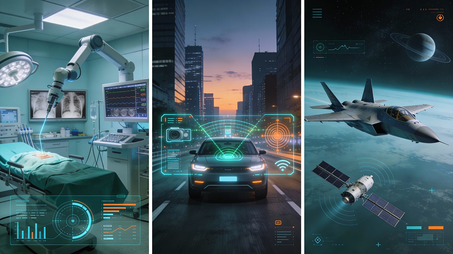 Split-image showing medical robotics, autonomous vehicles, and aerospace/defense as key FPGA edge AI domains.