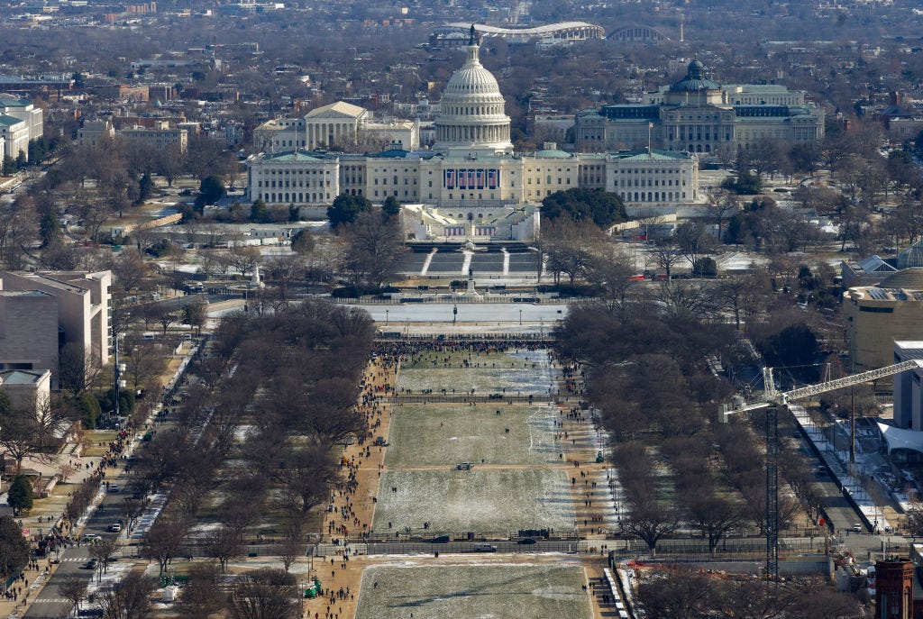 WASHINGTON, DC - JANUARY 20: A view of the U.S. Capitol and National Mall from the top of the Washington Monument on the Inauguration Day of President-elect Donald Trump on January 20, 2025 in Washington, DC. Donald Trump takes office for his second term as the 47th President of the United States. (Photo by Brendan McDermid-Pool/Getty Images)