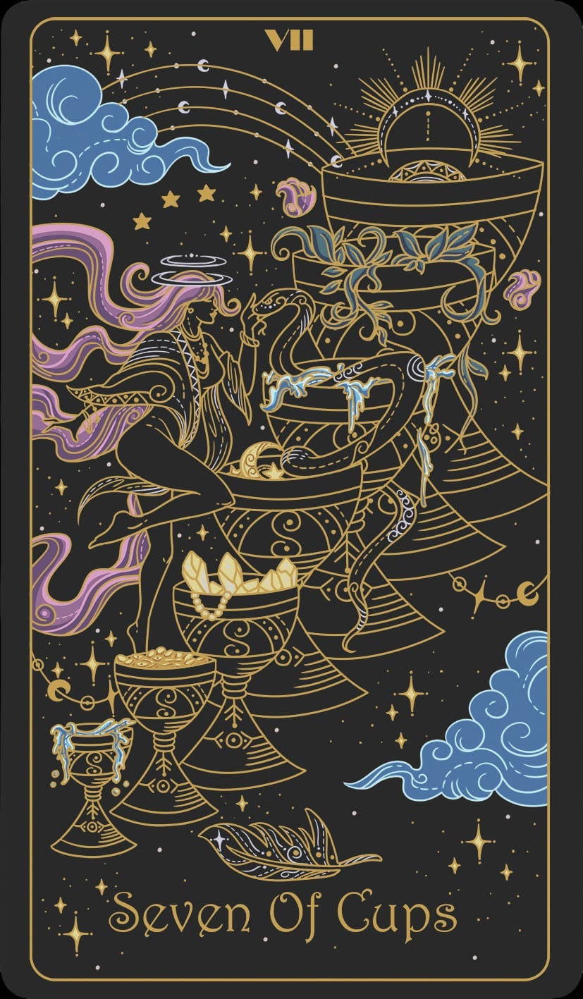 Seven of Cups tarot card illustration with gold line art, clouds and chalices for the Callie Kazumi Tarot DMs interview.