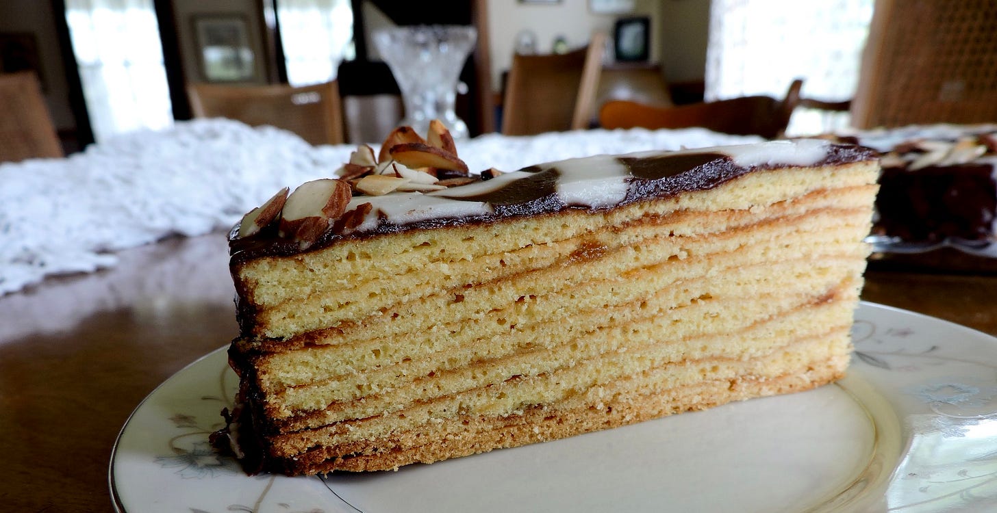  Since my layers were so thin and in danger of scorching on the edges, that I didn’t dare cook them too long. The lighter layers don’t show above. I think I hit 20, though you can’t tell. I won’t bother next year. I prefer more contrast between each layer, even if that means fewer layers. 