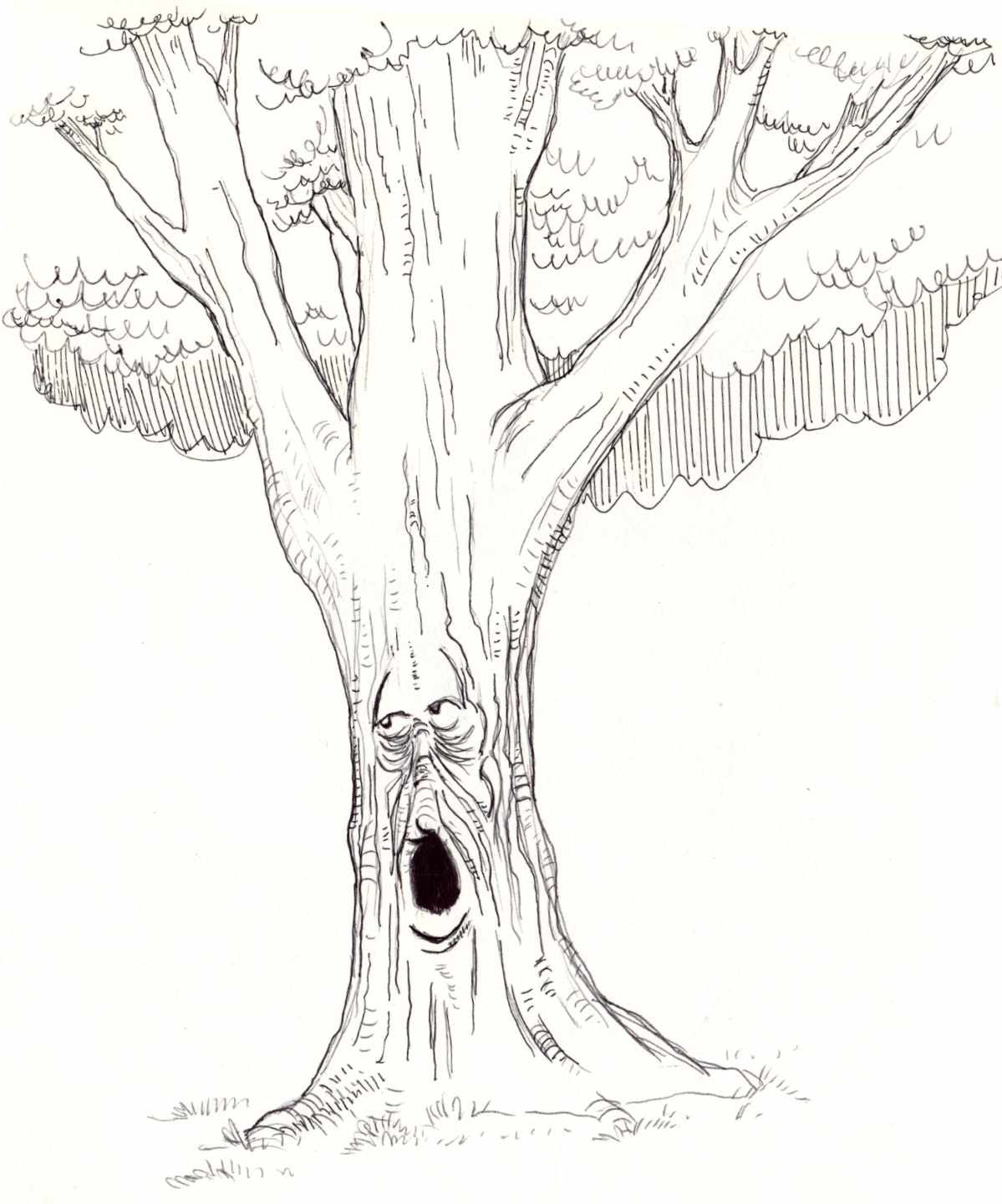 Ballpoint sketch of a tree with a face and appears to be yawning.