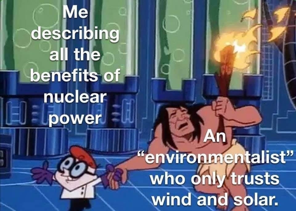 me explaining the benefits of nuclear power to a wind and solar pleb |  Dexter Showing Caveman His Lab | Know Your Meme