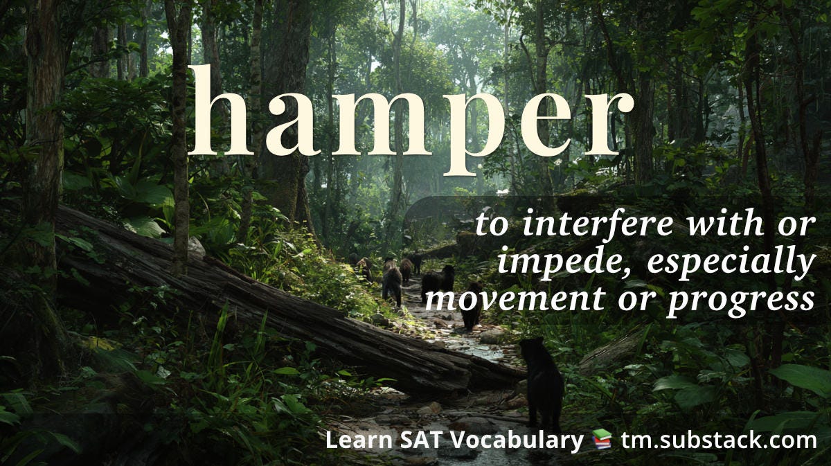 Illustration of animals traveling through an overgrown jungle; used to illustrate the SAT word 'hamper'