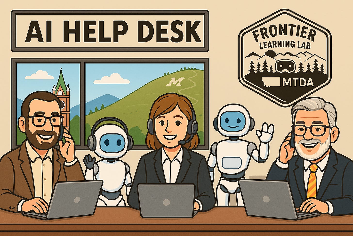 Cartoon illustration of three smiling people in business attire and two friendly robots wearing headsets, seated at laptops under a sign reading AI Help Desk, with a mountain and M-shaped landmark visible through the window.