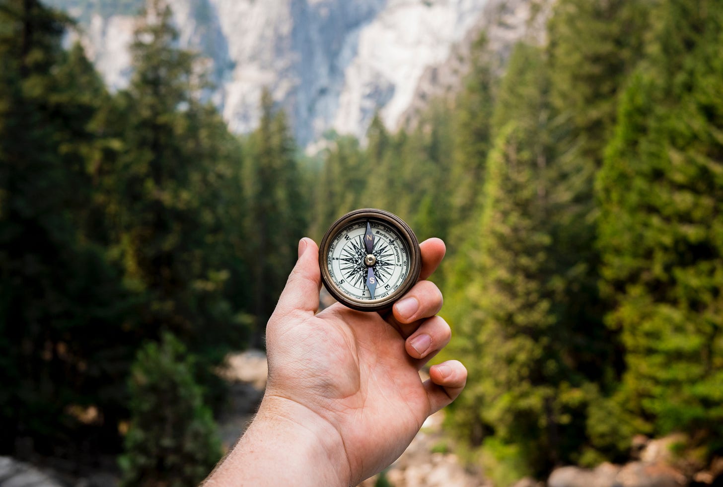 We see a hand holding up a compass pointing north. In the background, wilderness.