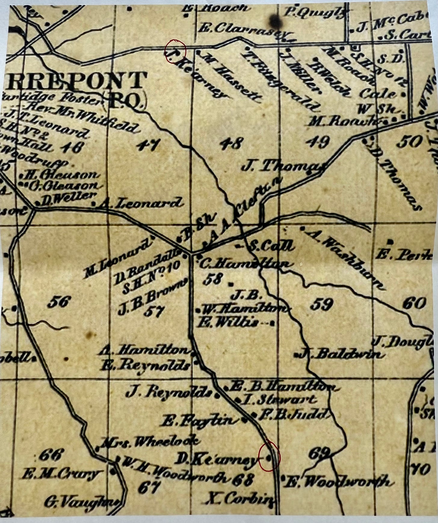 1856 map of Pierrepont and Colton, NY, showing settlers plots of lands.