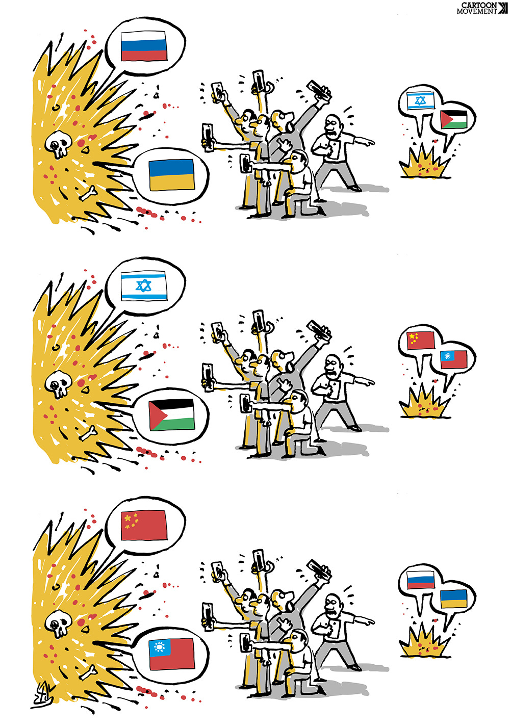 Cartoon showing people with smartphones taking pictures and selfies and running from Ukraine war to the Gaza war to the conflict between China and Taiwan and back to the Ukraine war.