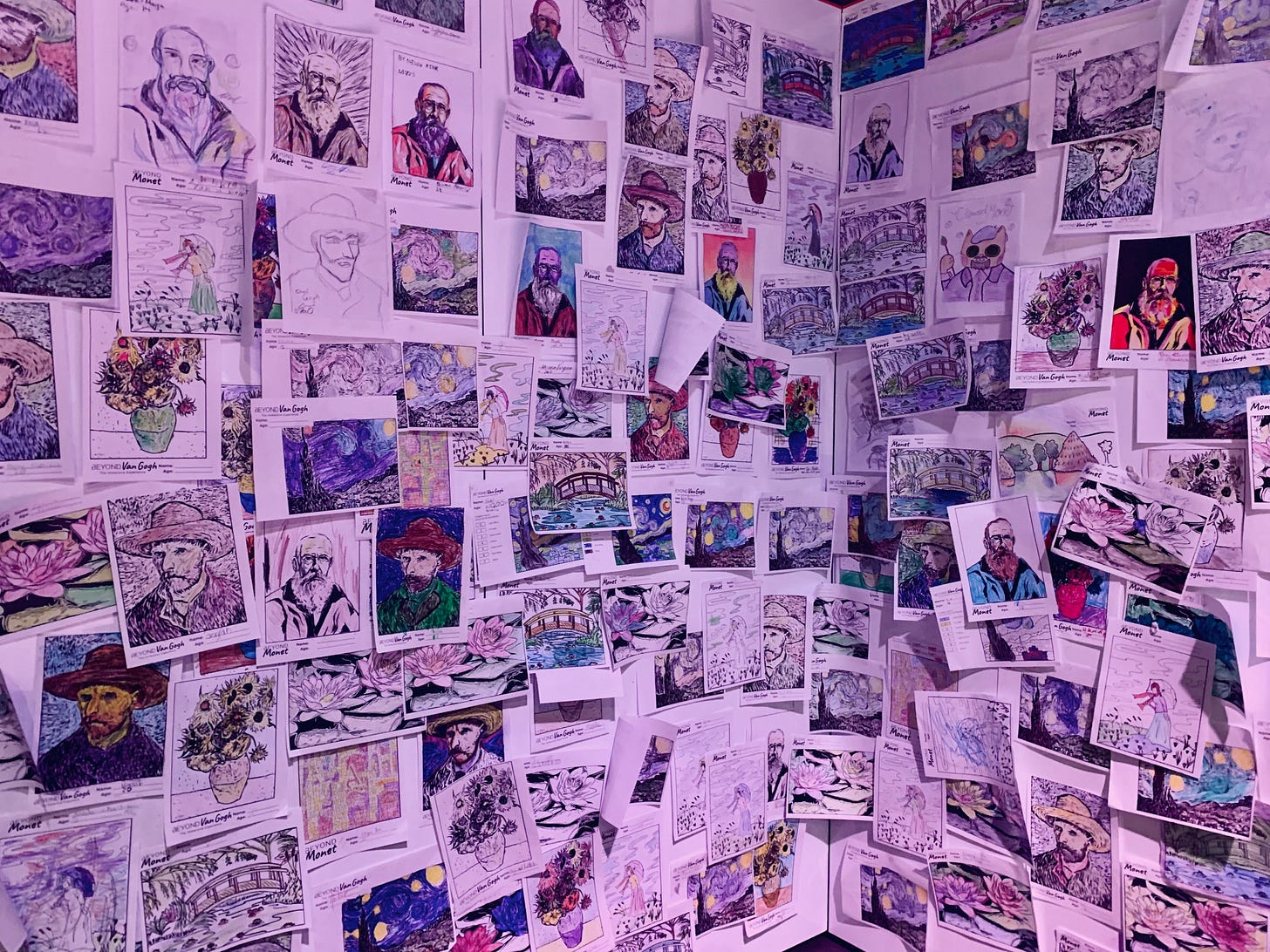 a wall papered with various Impressionist coloring pages, each one unique