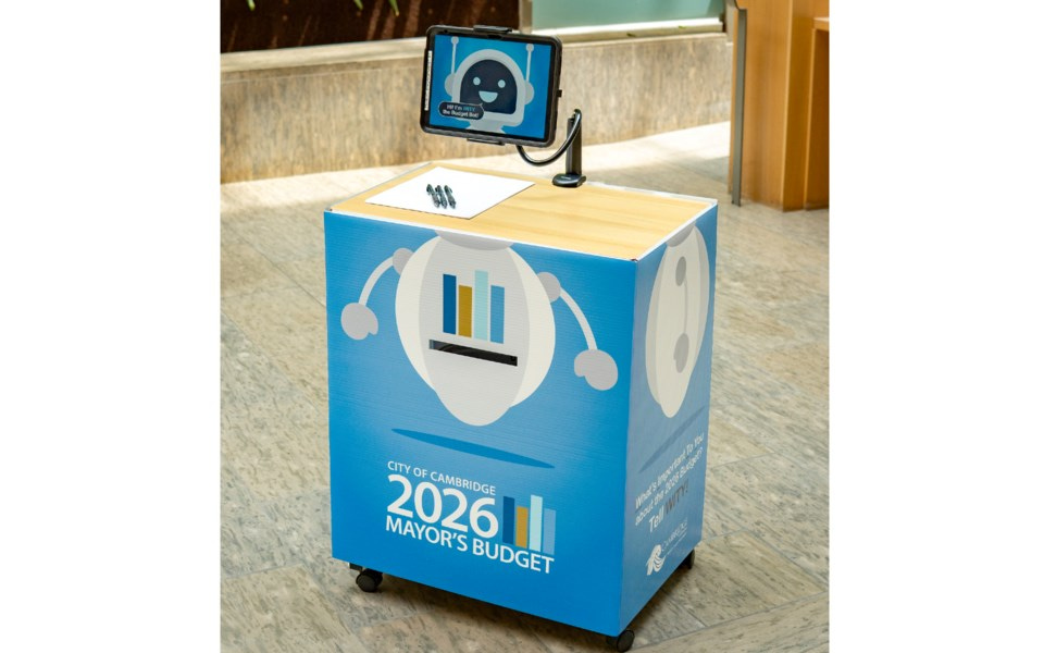 WITY bot - a tablet sitting atop of a blue rolling box/desk
