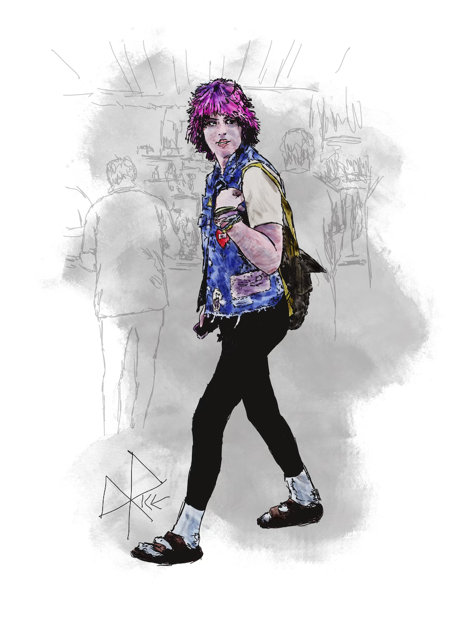 A woman with pink and blue hair, wearing a sleeveless jean jacket over a white t-shirt, tights and sandals at an outdoor punk rock show. Sketch art by Don Rice. A woman with pink and blue hair, wearing a sleeveless jean jacket over a white t-shirt, tights and sandals at an outdoor punk rock show. Sketch art by Don Rice.