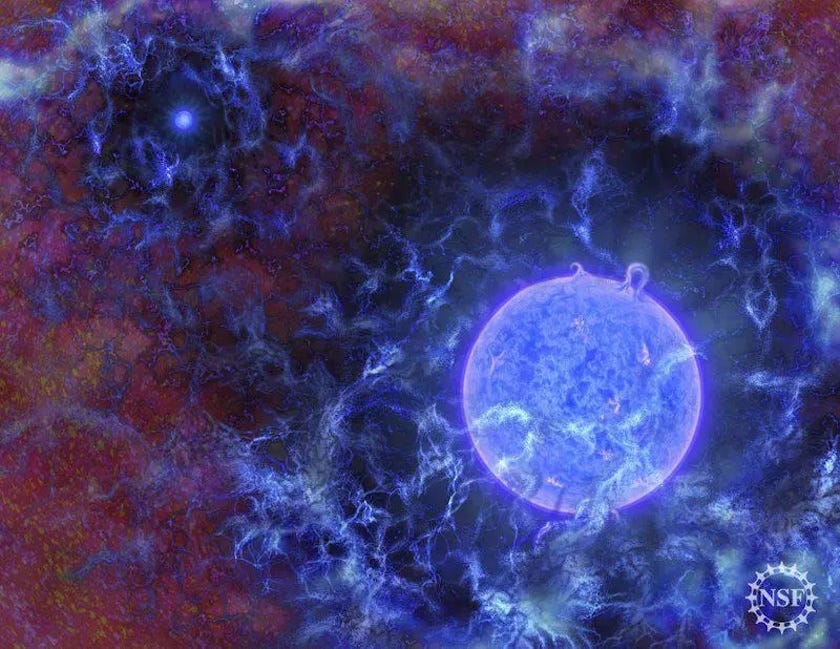 A digital illustration shows a glowing blue star with surrounding cosmic gas clouds in space, symbolizing one of the biggest mysteries—the origin of the universe—with the NSF logo in the bottom right corner. A digital illustration shows a glowing blue star with surrounding cosmic gas clouds in space, symbolizing one of the biggest mysteries—the origin of the universe—with the NSF logo in the bottom right corner.