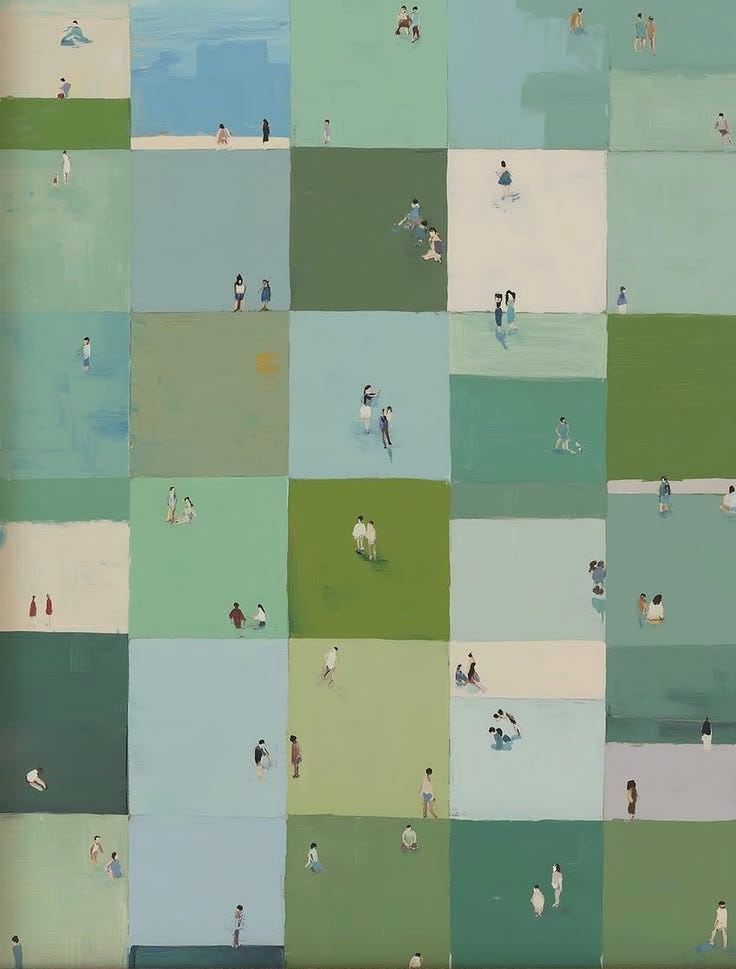 This may contain: an image of people walking on the beach in different shades of green, blue and white