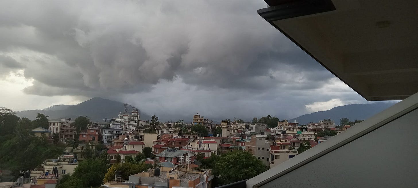 View of a storm front approaching Kathmandu, Nepal, from the north.