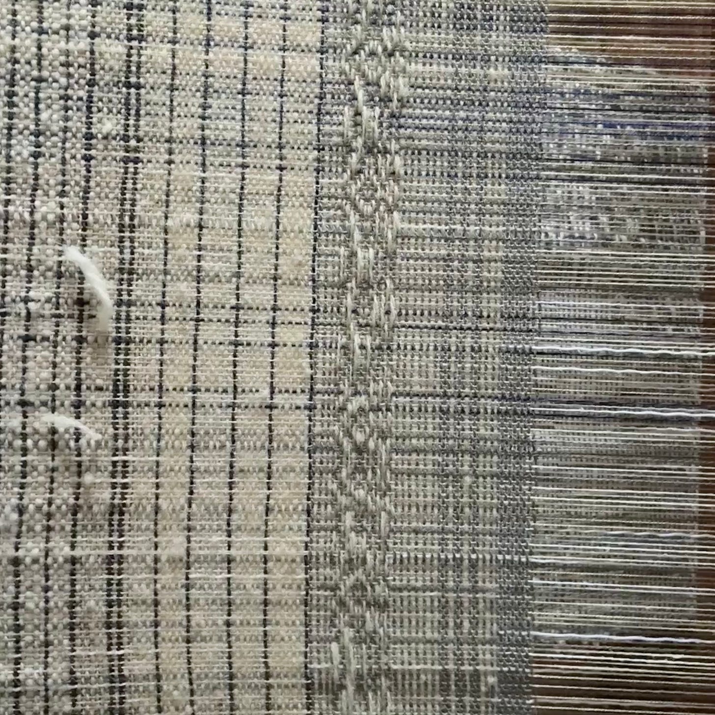 Hand woven fabric still on the loom, with close ups of the pattern. 