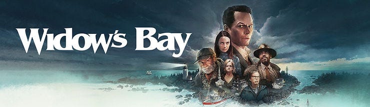 Widows Bay poster with stormy sea, lighthouse, and a collage of serious characters; white title text across the sky.