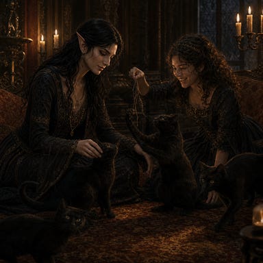 Silverleaf as a female elf with her established visual palette—dark hair, elven features, calm poise—playing with Arabelle and Lady Wachter's shadowy cats in a warm Barovian parlor, candlelight softening the gothic atmosphere