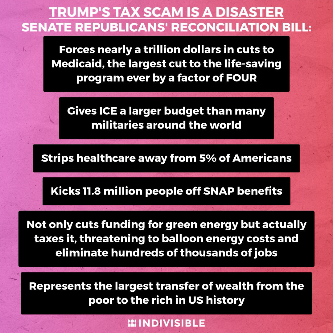 TRUMP'S TAX SCAM IS A DISASTER SENATE REPUBLICANS' RECONCILIATION BILL:  Forces nearly a trillion dollars in cuts to Medicaid, the largest cut to the life-saving program ever by a factor of FOUR  Gives ICE a larger budget than many militaries around the world  Strips healthcare away from 5% of Americans  Kicks 11.8 million people off SNAP benefits  Not only cuts funding for green energy but actually taxes it, threatening to balloon energy costs and eliminate hundreds of thousands of jobs  Represents the largest transfer of wealth from the poor to the rich in US history
