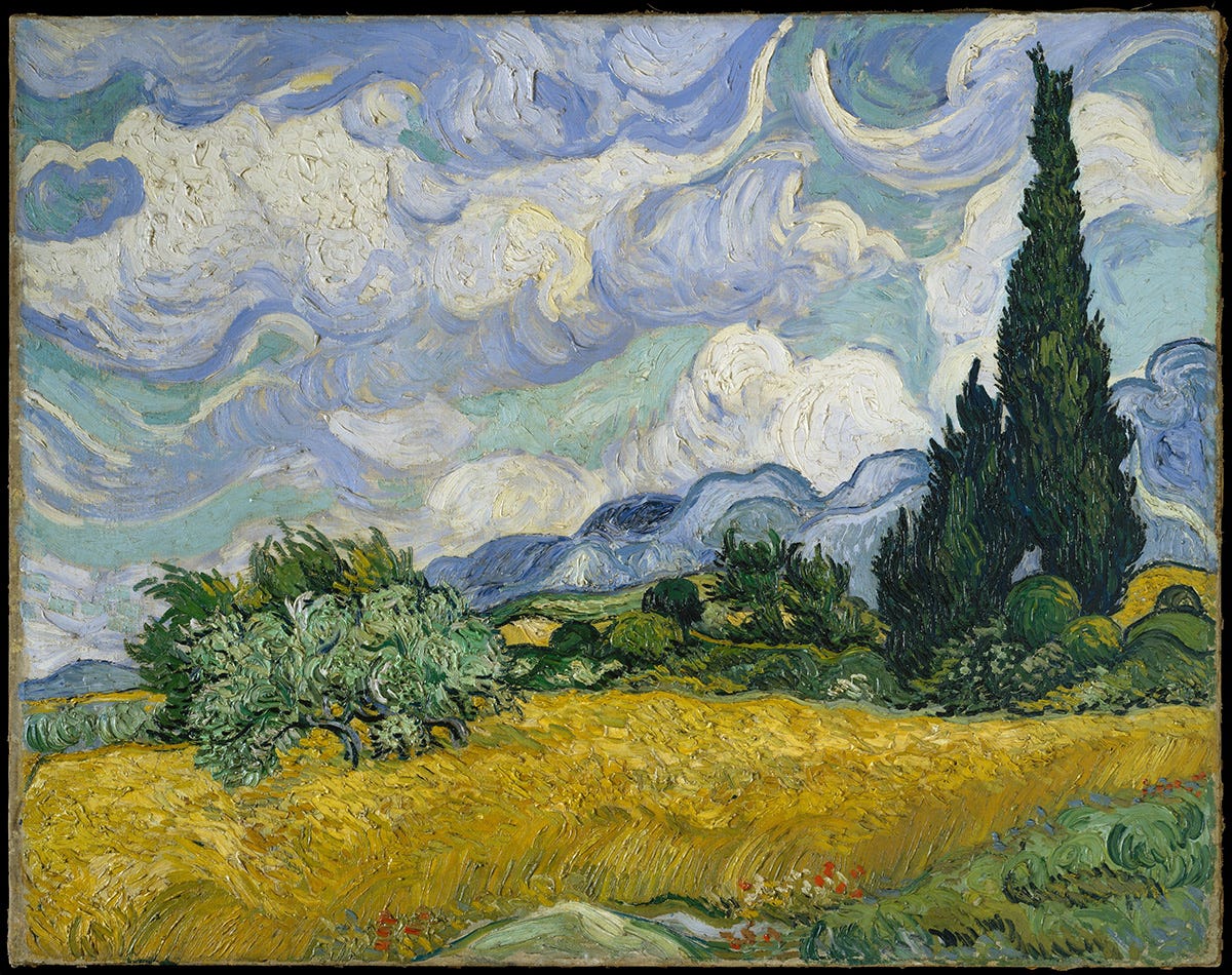 Vincent Van Gogh's impressionist painting, "Wheat Field with Cypresses" depicting a blue sky with frothy clouds over a yellow wheat field and a tall, dark cypress tree.