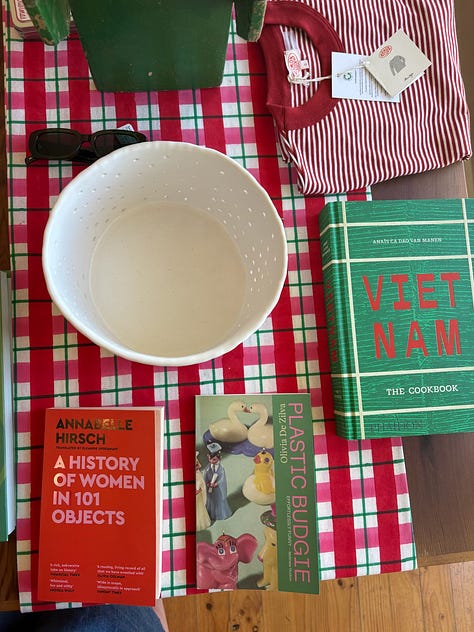 A finger bun with pink icing, Plastic Budgie styled at a bookshop, and a snack with pink dip.