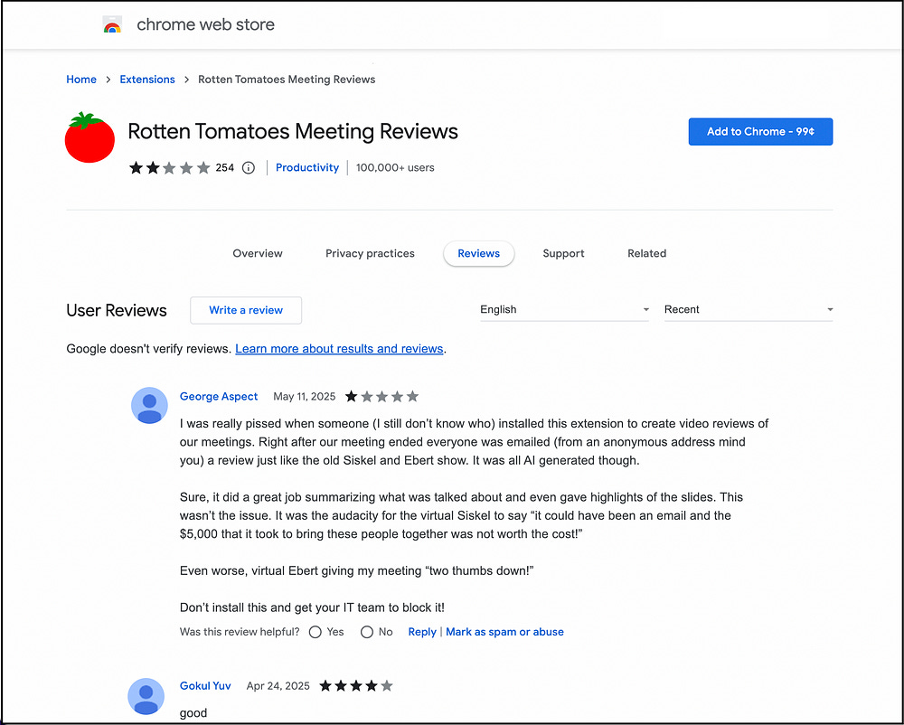 Google Chrome Web Store entry for the (design fictional) Rotten Tomatoes Meeting Reviews extension. Google Chrome Web Store entry for the (design fictional) Rotten Tomatoes Meeting Reviews extension.