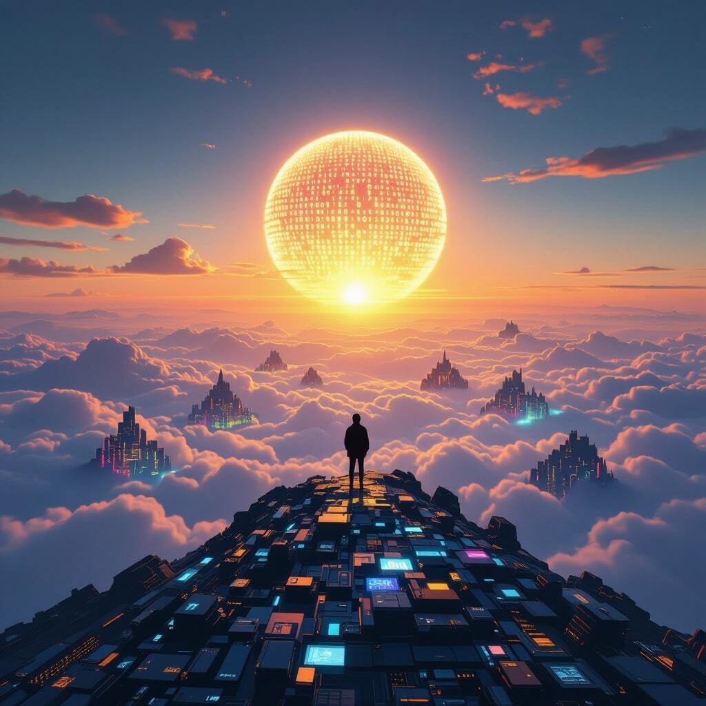 A breathtaking landscape shot from the top of a mountain made of computer hardware. A lone silhouette stands at the peak...