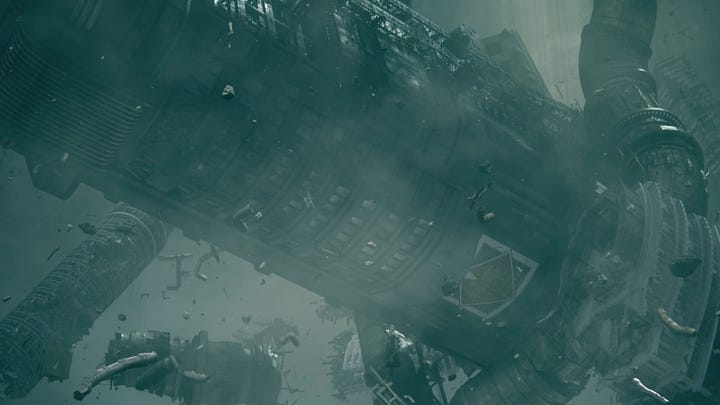 Sephiroth tosses the top of the Shinra building and a train towards the party