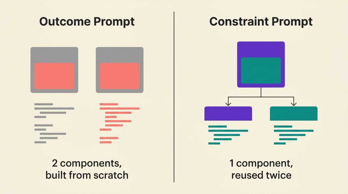 Flat illustration: split comparison showing Outcome Prompt (two separate components built from scratch with different code) vs Constraint Prompt (one parent component reused twice with identical code) | Build to Launch Flat illustration: split comparison showing Outcome Prompt (two separate components built from scratch with different code) vs Constraint Prompt (one parent component reused twice with identical code) | Build to Launch