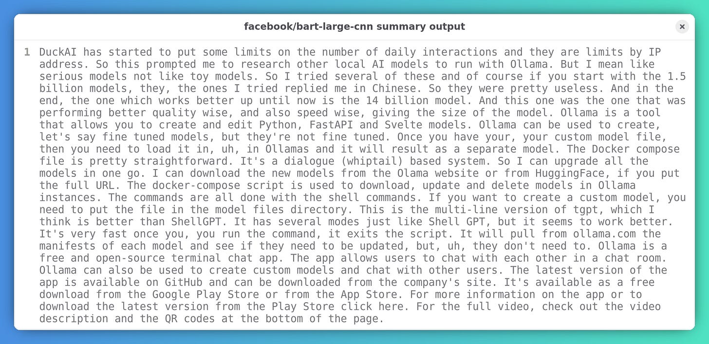 A `facebook/bart-large-cnn` summary output.