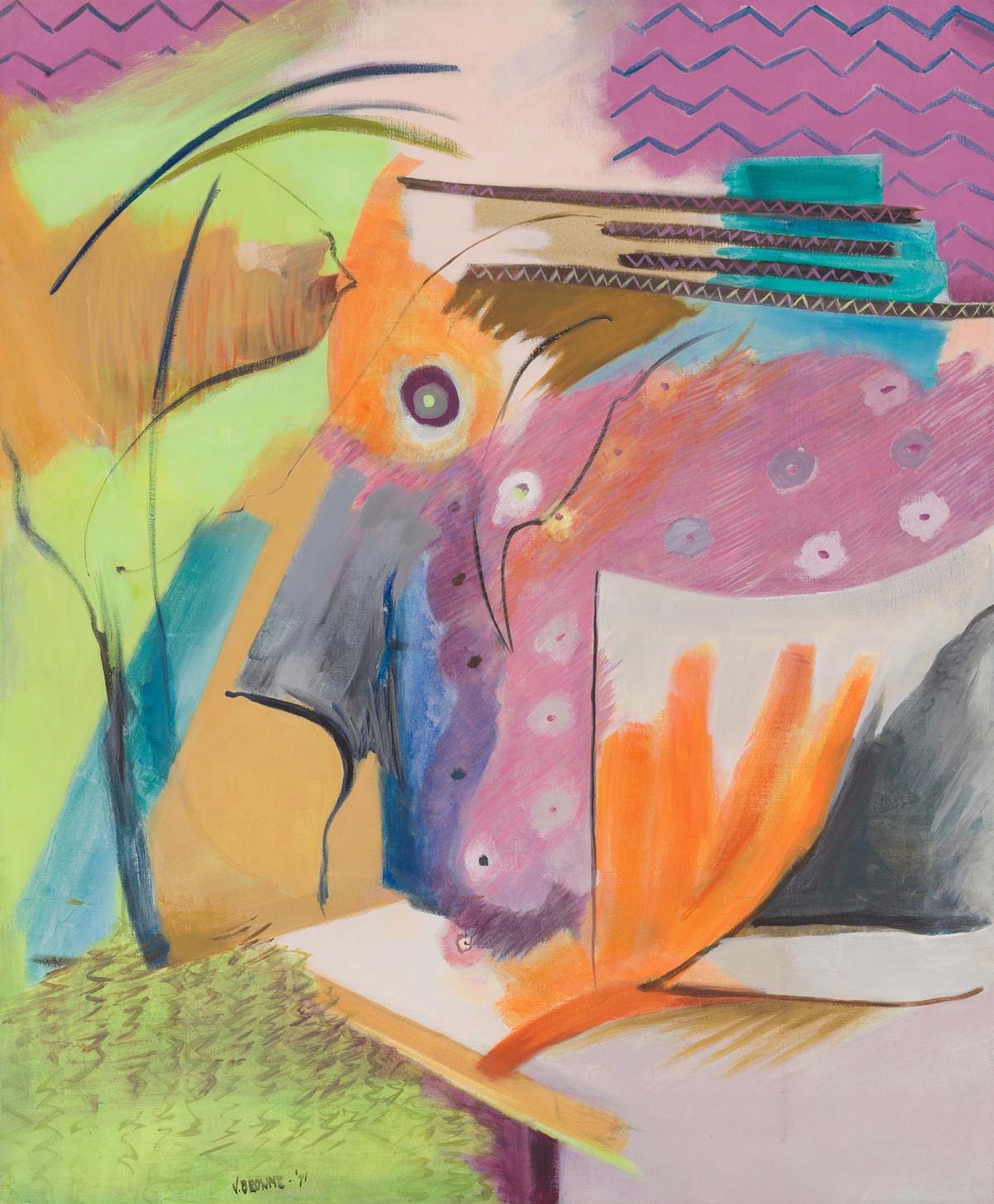 Abstract painting with pastel colors and various shapes and marks