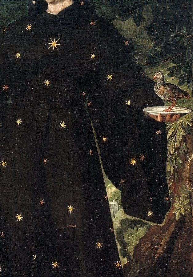 This may contain: a painting of a man in black holding a plate with stars on it and a bird perched on his arm