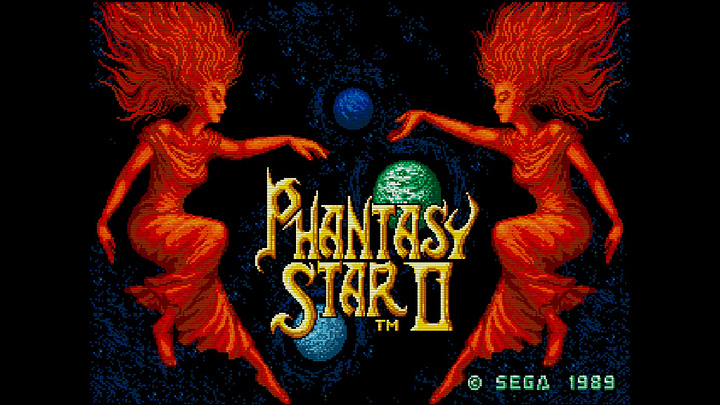 The title screens for the first four Phantasy Star games. The first, second, and fourth all have a similar logo, with a stylized font in yellow that says "Phantasy Star", whereas Phantasy Star III uses blue letters made from columns and malleable metal to form a logo that says, "PSIII," and then "Phantasy Star III" in plain white text beneath it. "Generations of Doom" is scrawled across the logo in a cursive script, and the background is completely black, unlike the outer space theme of the other three.
