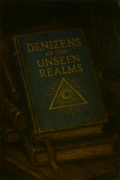 The book "Denizens of the Unseen Realms" lies open on a velvet-draped table in the Baron’s library. Its cover is dark leather, embossed with silver glyphs that shimmer faintly in candlelight. The pages are aged and yellowed, filled with arcane diagrams, planar maps, and handwritten annotations in crimson ink. A bookmark made of raven feathers peeks from the spine. Around the book, scattered notes and a half-burned candle suggest recent study. The atmosphere is mysterious, magical, and steeped in forbidden knowledge—capturing the moment Victor and Felonious rediscover the lost tome.