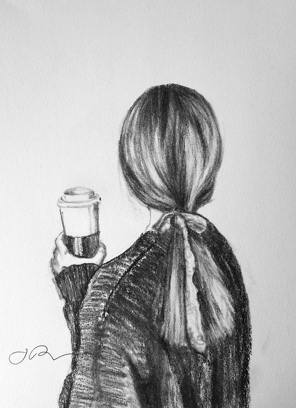Drawing of woman and a coffee to go