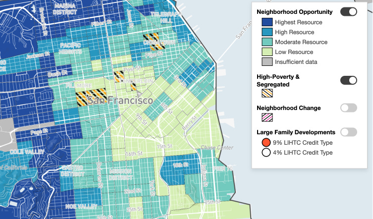 A chloropleth map of opportunity areas in downtown San Francisco. A chloropleth map of opportunity areas in downtown San Francisco.