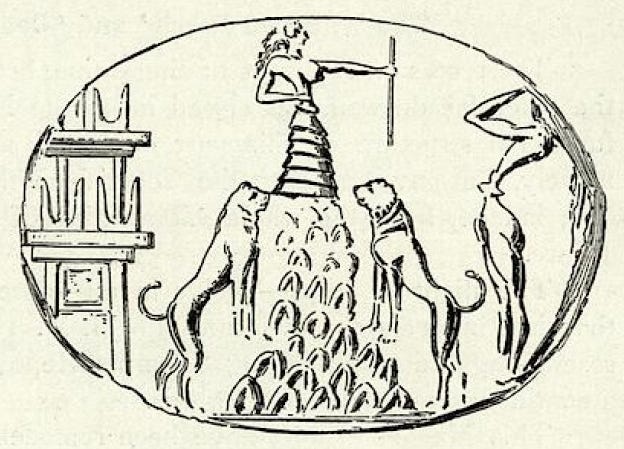 Drawing of a Minoan seal impression showing a goddess atop a mountain flanked by lions, with a male worshiper to the right and a shrine topped with sacred horns to the left