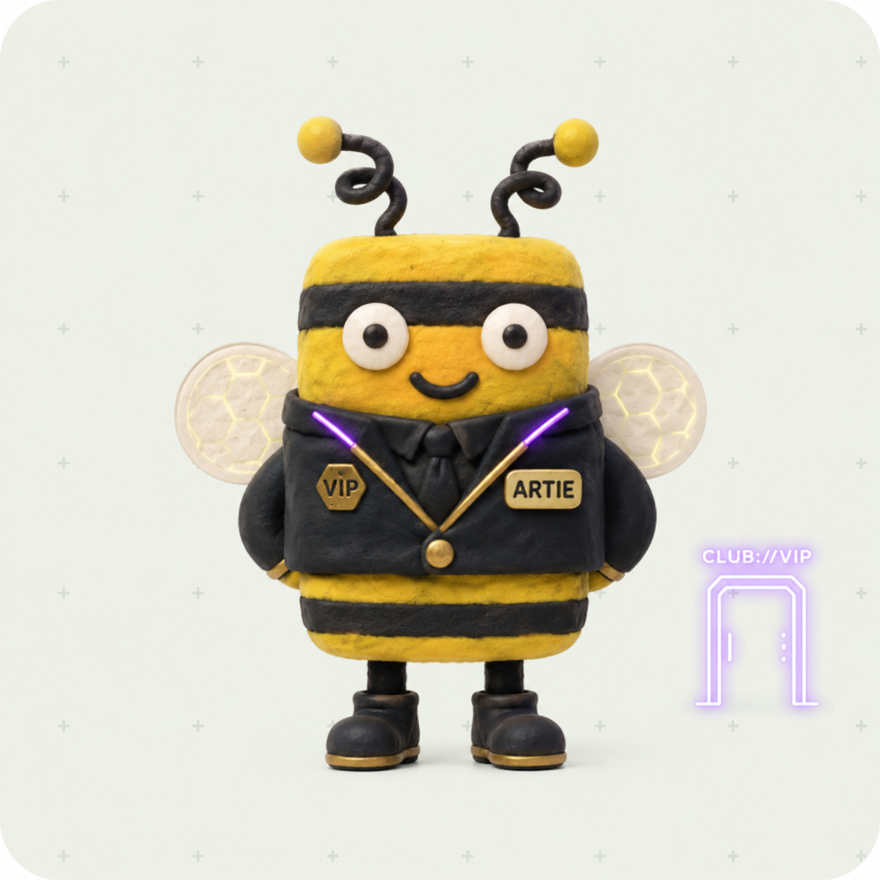 Artie, the AI doorman agent of the Artificially Intimidating community, drawn as a bee in a black suit with a VIP badge