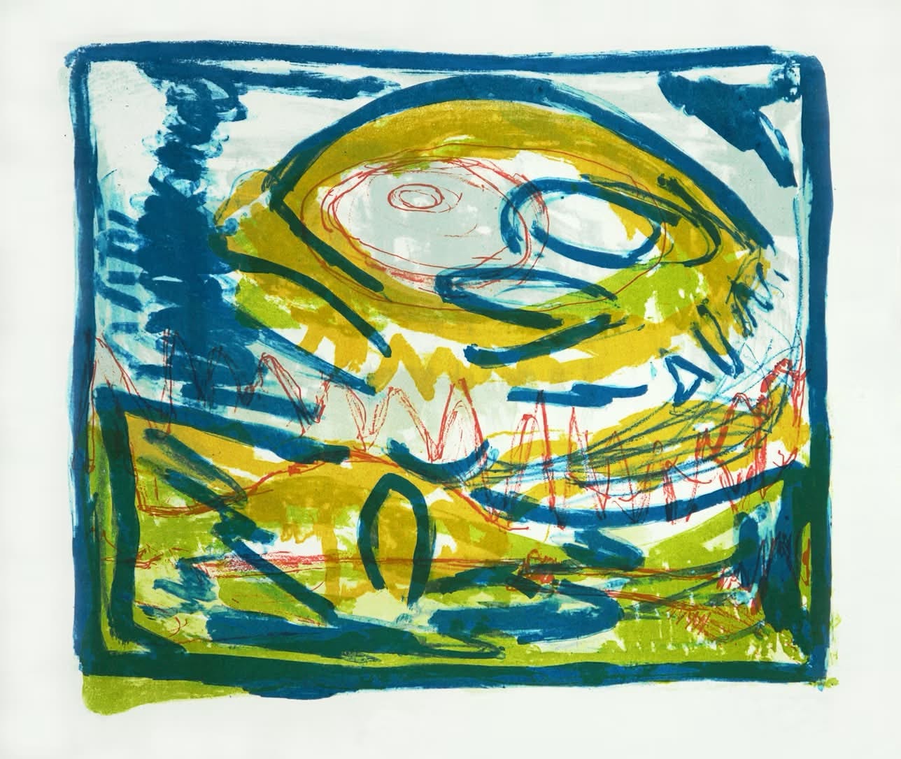 An abstract multi-color print with a prominent, large yellowish-oval or mound shape in the upper center, layered with loosely drawn blue circular swirls and fine red lines. Below this mound, a smaller landscape-like section features shades of olive green and yellow, intersected by jagged, red zig-zag lines reminiscent of flames or thorns, and a small, dark blue arch shape near the bottom center. The entire composition is framed within an uneven, sketchy border of dark blue and green ink against a plain white background. An abstract multi-color print with a prominent, large yellowish-oval or mound shape in the upper center, layered with loosely drawn blue circular swirls and fine red lines. Below this mound, a smaller landscape-like section features shades of olive green and yellow, intersected by jagged, red zig-zag lines reminiscent of flames or thorns, and a small, dark blue arch shape near the bottom center. The entire composition is framed within an uneven, sketchy border of dark blue and green ink against a plain white background.